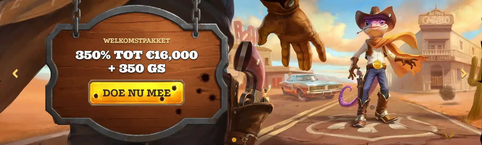 Lizaro Casino – Welkomstpakket desktopbanner Lizaro Casino desktopbanner met een cowboy-hagedis-mascotte in een western setting en de tekst Welkomstpakket 350% tot €16.000 plus 350 gratisspins
