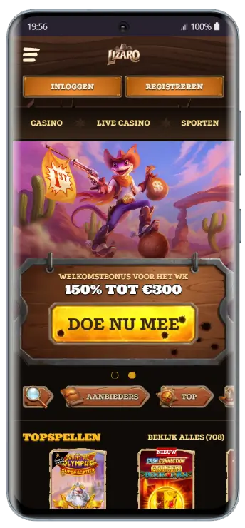 Lizaro Casino – Startpagina mobiel Lizaro Casino mobiele startpagina met een welkomstbonus van 150% tot €300 en navigatiemenu met Casino, Live Casino en Sporten
