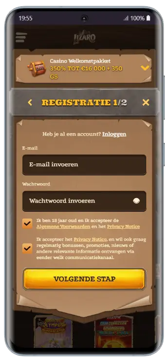 Lizaro Casino – Registratie mobiel Lizaro Casino registratieformulier stap 1 van 2 op mobiel met invoervelden voor e-mail en wachtwoord en een knop Volgende Stap