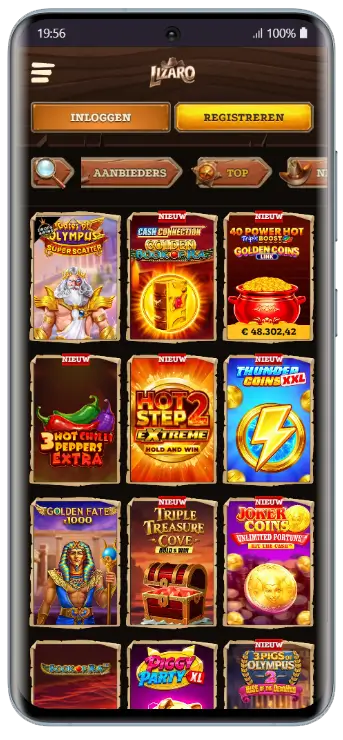 Lizaro Casino – Spellenbibliotheek mobiel Lizaro Casino mobiele app met een overzicht van casinospellen in een raster, waaronder Gates of Olympus, Hot Step 2 Extreme en Thunder Coins XXL