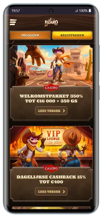 Lizaro Casino – Welkomstpakket desktopbanner Lizaro Casino desktopbanner met een cowboy-hagedis-mascotte in een western setting en de tekst Welkomstpakket 350% tot €16.000 plus 350 gratisspins
